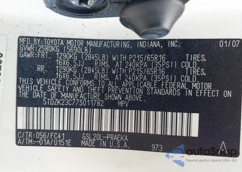 2007 Toyota Sienna Le z USA, uszkodzony, nr VIN 5TDZK23C77S011782